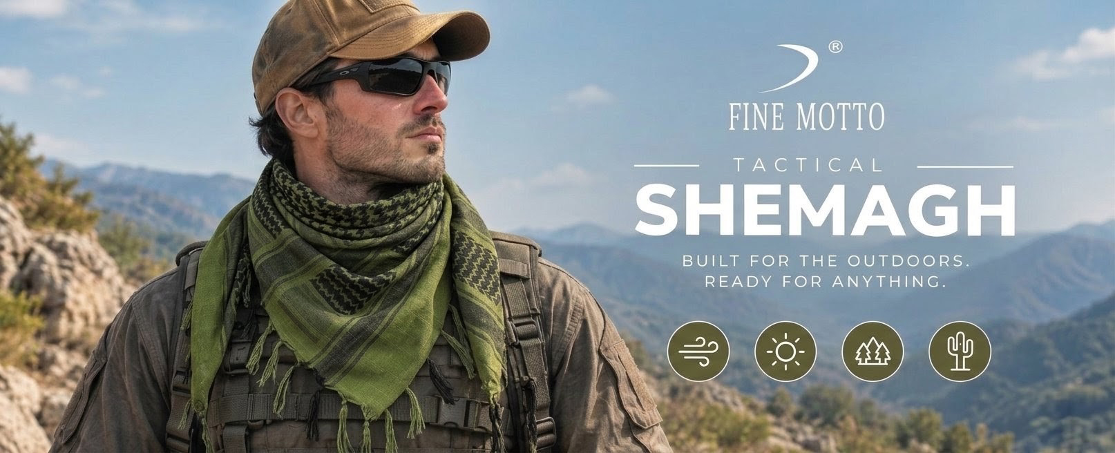 Tactical keffiyeh shemagh scarf made from 100% cotton with traditional pattern and knotted fringe